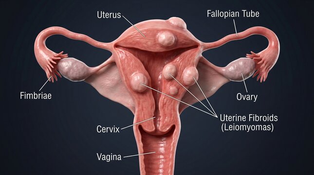 Anatomical illustration of uterus with fimbriae fallopian tubes ovaries and uterine fibroids labeled
