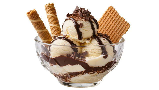 Creamy vanilla ice cream sundae with chocolate syrup wafer and rolled cookies, isolated on transparent background