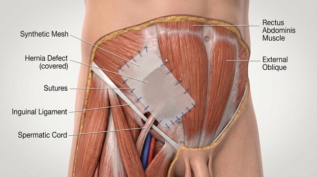 Anatomical illustration of inguinal hernia repair with synthetic mesh and sutures