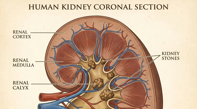Detailed coronal section illustration of a human kidney with labeled parts and kidney stones present
