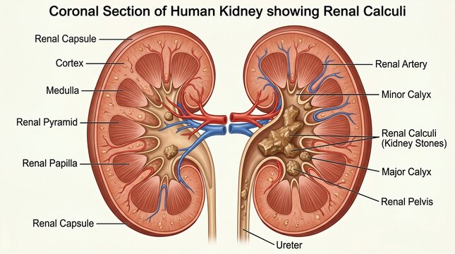 Coronal section of human kidneys showing renal calculi cortex medulla and ureter