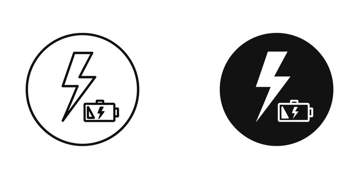 Pair of battery charge icons with lightning bolt on black circles full battery electricity