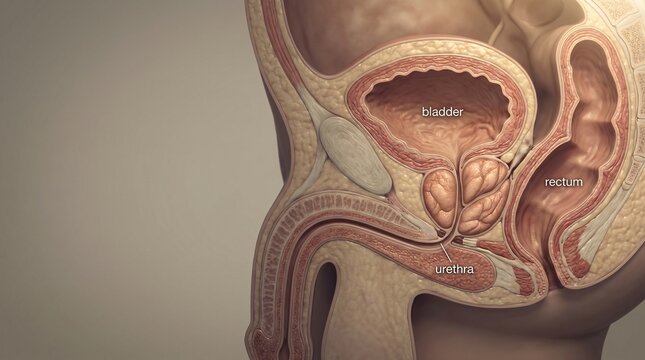 Anatomical illustration of the male pelvic region showing bladder rectum urethra and prostate