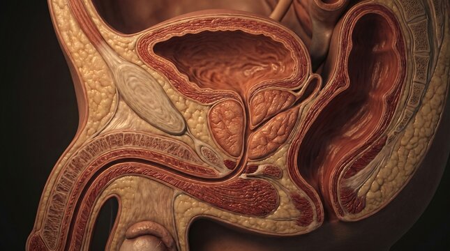 Detailed anatomical cross section showing the male reproductive and urinary systems with internal organs and tissues