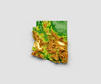 Detailed 3D topographic relief map of Arizona on white background, 3d illustration