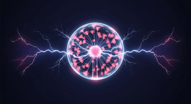 Glowing plasma sphere emitting electric arcs and lightning bolts from a central electrode against a dark background, showing ionized gas filaments in blue and pink color tones.