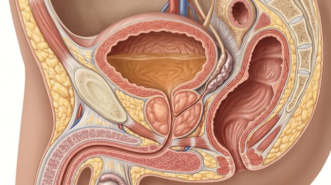 Detailed illustration of the male pelvic anatomy showing the bladder prostate and rectum