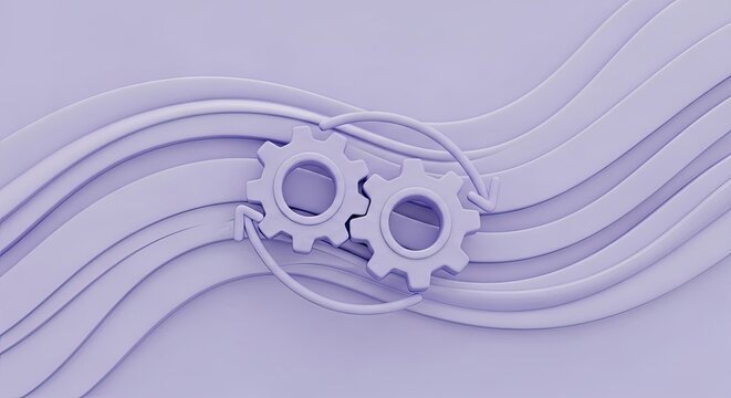 Two Interlocking Gears With Dynamic Purple Abstract Flow Background for Tech and Engineering Visuals