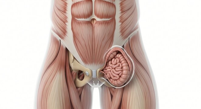 Anatomical illustration of human abdominal muscles and a ventral hernia with intestines