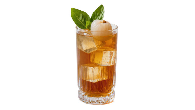 Tall glass of iced tea with lychee and basil garnish, isolated on transparent background