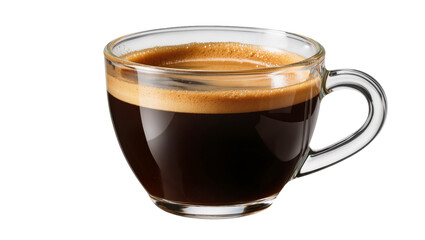 Hot espresso coffee with crema in a clear glass cup, isolated on transparent background © TONSTOCK