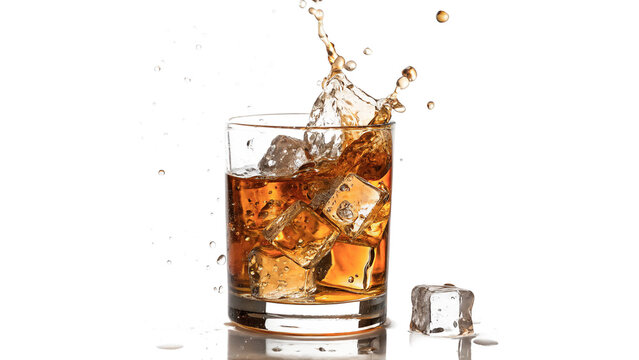 A refreshing glass of dark soda or whiskey cocktail with splashing ice cubes isolated on transparent background