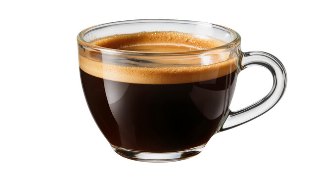 Hot espresso coffee with crema in a clear glass cup, isolated on transparent background
