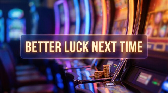 Better luck next time text message on slot machine screen. Gambling lose concept with pile of gold coin. Casino interior background with bokeh light effect. Digital game loss message.