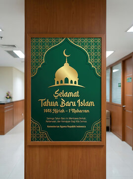 Mensual Ramadan Greeting Banner with Islamic Mosque and Crescent Moon Design