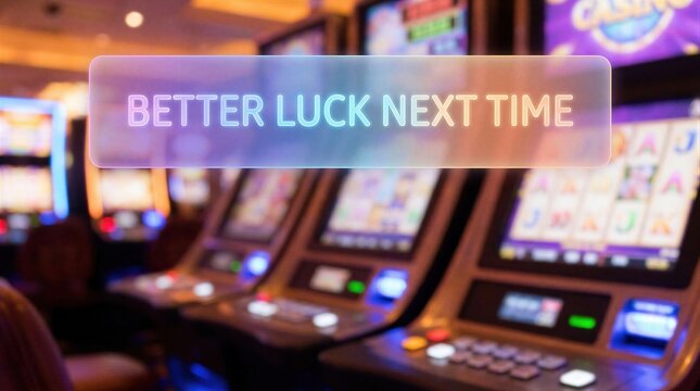Better luck next time lettering sign over blurred casino slot machines. Gambling losing concept with gambling machine interior. Risk, failure and bad fortune in gaming entertainment industry.
