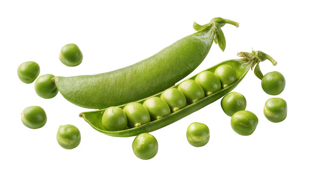 Fresh green pea pods with scattered peas, isolated on transparent background
