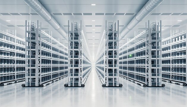 Modern server room with rows of data storage racks in a clean and bright environment