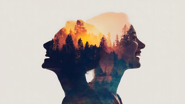 A double exposure of two women"s profiles merged with a vivid forest landscape at sunset, symbolizing connection and harmony with nature.