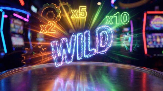Neon wild sign with multiplier symbols hovering over slot machine. Casino gambling interface showing bonus win potential. Digital game graphics with glowing light for jackpot luck.