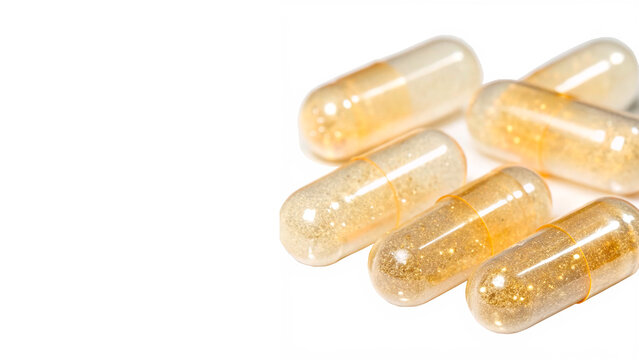 A group collection of translucent golden medical supplement softgel capsules pills isolated on transparent background