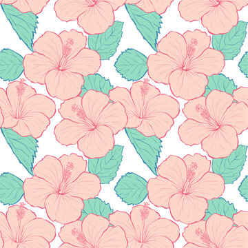 Vibrant seamless Hawaiian aloha pattern with orange hibiscus flowers and green leaves