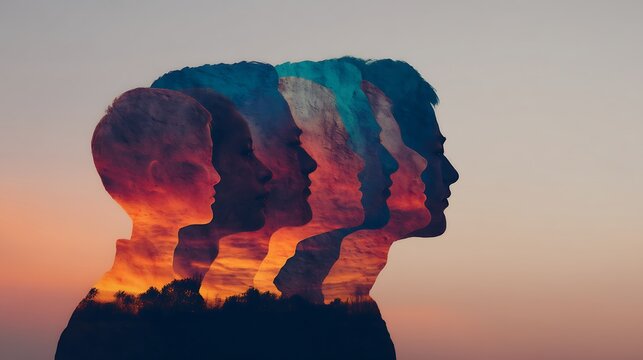 Silhouettes of a child"s profile layered with a sunset sky and landscape, symbolizing growth, passage of time, and inner reflection.