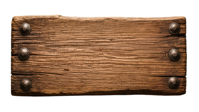 Rough wooden plank with six metal rivets, isolated on transparent background