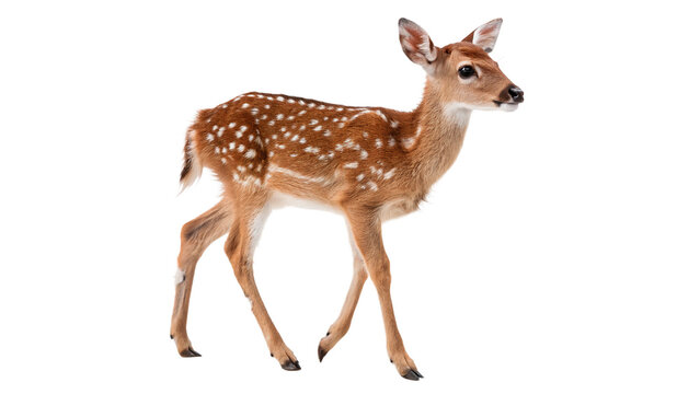 A small cute young wild deer fawn animal standing side view profile looking forward isolated on transparent background