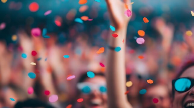 Vibrant colorful confetti falls over a crowd of people celebrating joyfully at an event or party.