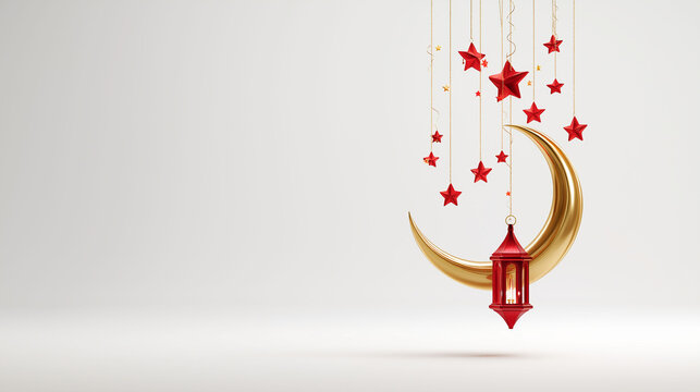 Ramadan Kareem: A crescent moon, adorned with a hanging lantern and a cascade of red stars, symbolizes the blessings of Ramadan and the spirit of the holy month.