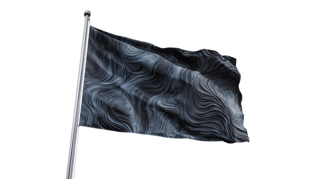 Dark textured flag waving on metal pole, isolated on transparent background