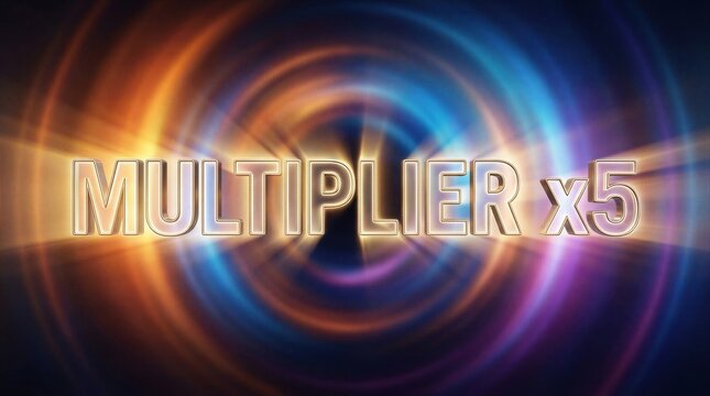 Multiplier x5 golden text on glowing neon background. Casino gambling game graphic concept. Digital sign for bonus win and jackpot feature in virtual slot machine interface design.