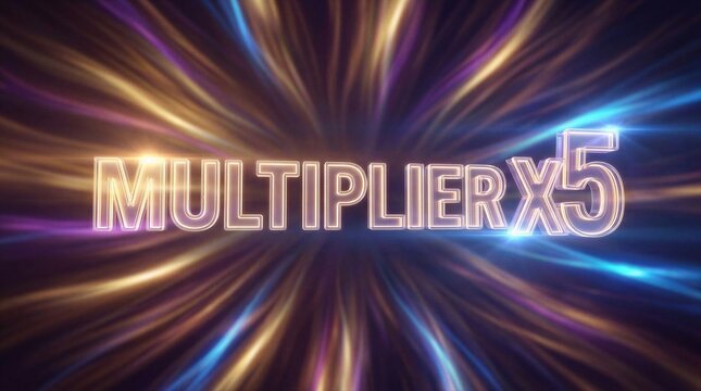 Multiplier x5 text glowing with golden and blue light rays. Online casino game promotion banner for huge jackpot win. Dynamic motion effect for gambling concept and bonus sign.