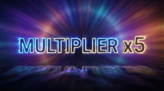 Multiplier x5 text glowing in neon light against dark abstract background. Digital casino game interface element representing high odds, success, big win and gambling industry concept.