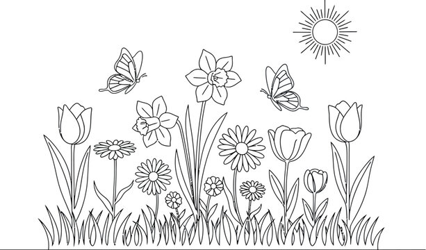 Charming spring garden scene featuring blooming tulips daffodils and daisies with fluttering butterflies under a bright shining sun in black outlines