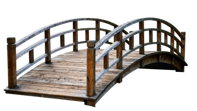 Weathered wooden arched garden bridge with railings, isolated on transparent background