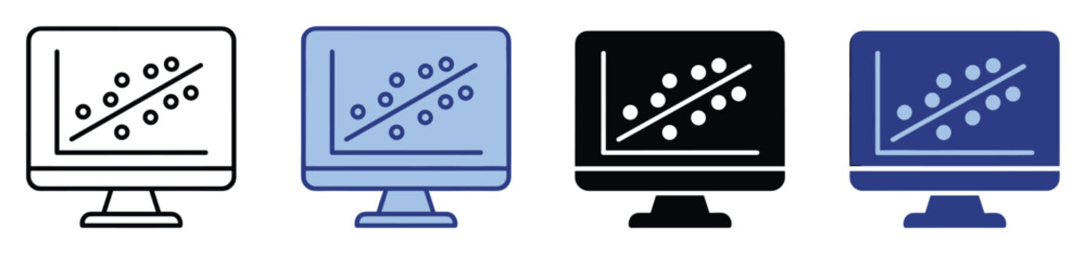 Set of computer monitor icons displaying data scatter plot with regression line for statistical
