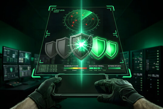 Cybersecurity Dashboard Displays Threat Level and Vulnerability Score in a Control Room During a Night Monitoring Session