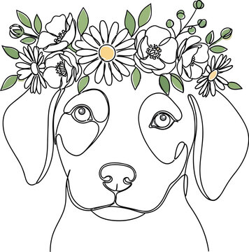 A cute labrador puppy portrait drawn in a single continuous line style with a beautiful floral crown made of spring flowers