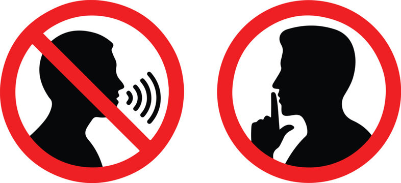Silent please sign. Crossed person talking, Shhh icon in circle