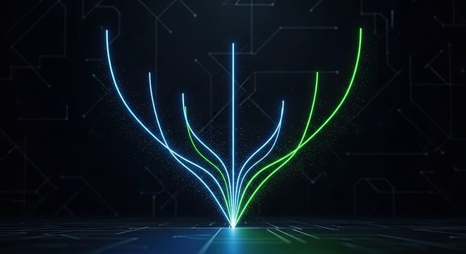Abstract digital background with glowing lines forming a treelike structure, representing data flow, network connectivity, artificial intelligence, and technological growth