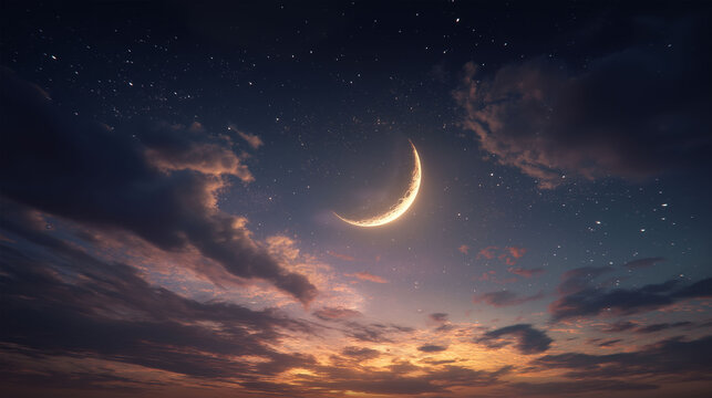 Crescent Moon Over Horizon: A celestial spectacle unfolds as a luminous crescent moon ascends above a dramatic sky, adorned with wispy clouds and scattered stars, hinting at the approaching night.