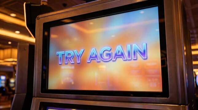 Try again text on casino slot machine screen. Digital display showing loss result during gambling game. Interactive terminal interface in neon lighted gaming hall for player experience.