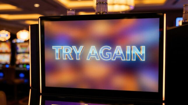 Slot machine screen displaying try again message after lost bet. Casino game interface showing defeat and failure. Gambling addiction concept and unlucky chance in electronic gaming machine.
