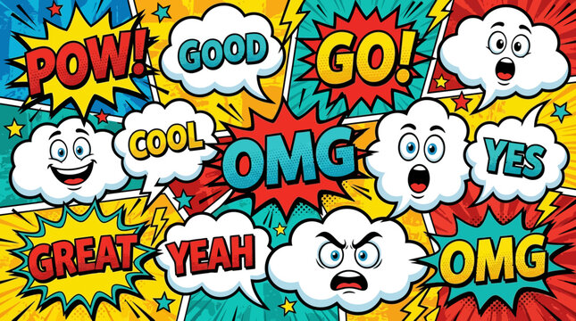 Vibrant comic pop art scene with expressive speech bubbles, bold typography, colorful rays and dots, playful energy, dynamic reactions.