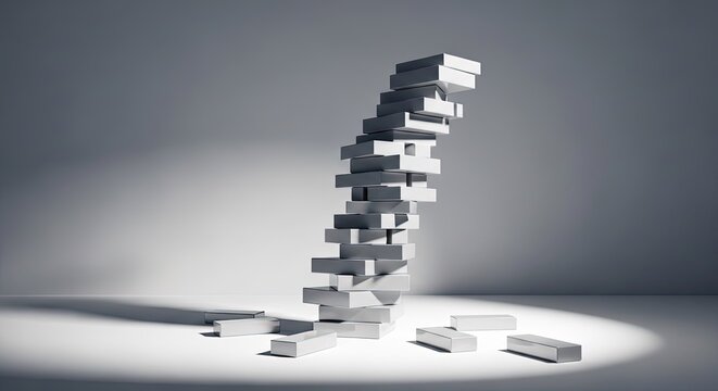 A precarious stack of white rectangular blocks leaning dangerously, symbolizing instability, risk, and potential collapse in a minimalist studio setting