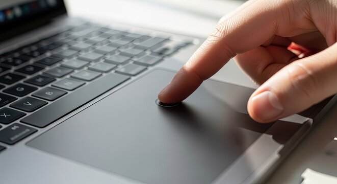 Closeup of a persons finger pressing a circular fingerprint scanner button on the trackpad of a modern silver laptop computer