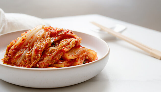Fresh Korean Kimchi in White Bowl with Chopsticks on White Table