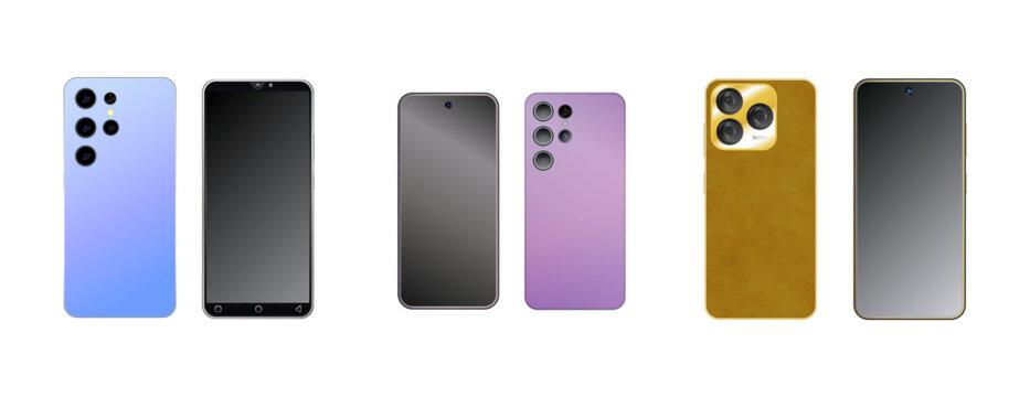 Set of smartphones illustration, from the front and back with touch screen and camera lens visible, isolated on transparent background.